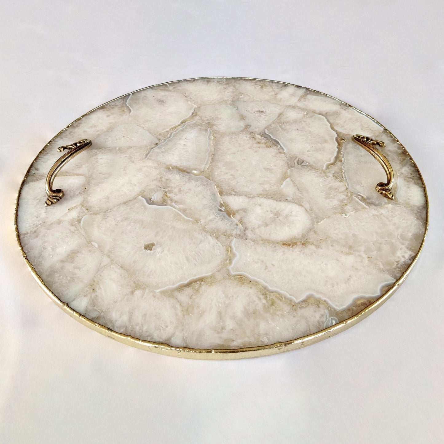 White Agate Serving Tray With Brass Handles | Circular |
