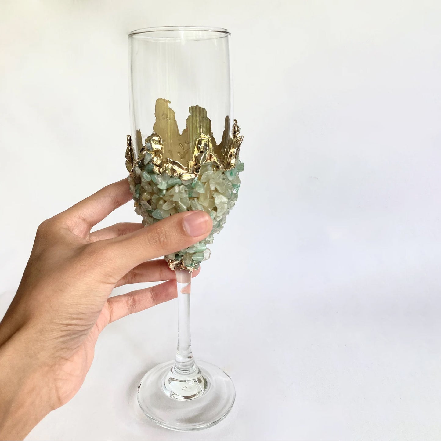 Set of 2 |Crystal Wine/Champagne Glasses with Gold Plated Light Green Agate/Quartz Semi-precious Crystals | 7 oz/215 ml