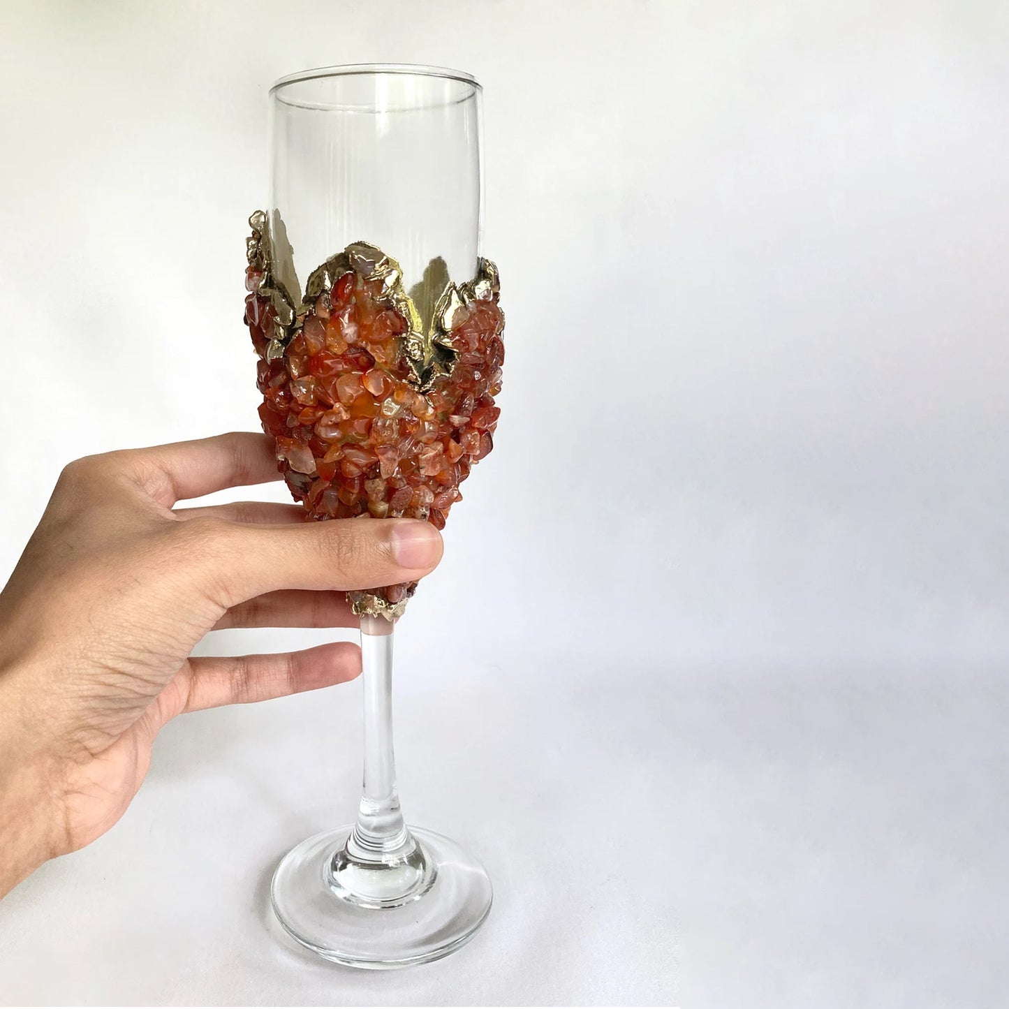 Set of 2 |Crystal Wine/Champagne Glasses with Gold Plated Red Agate/Quartz Semi-precious Crystals | 7 oz/215 ml