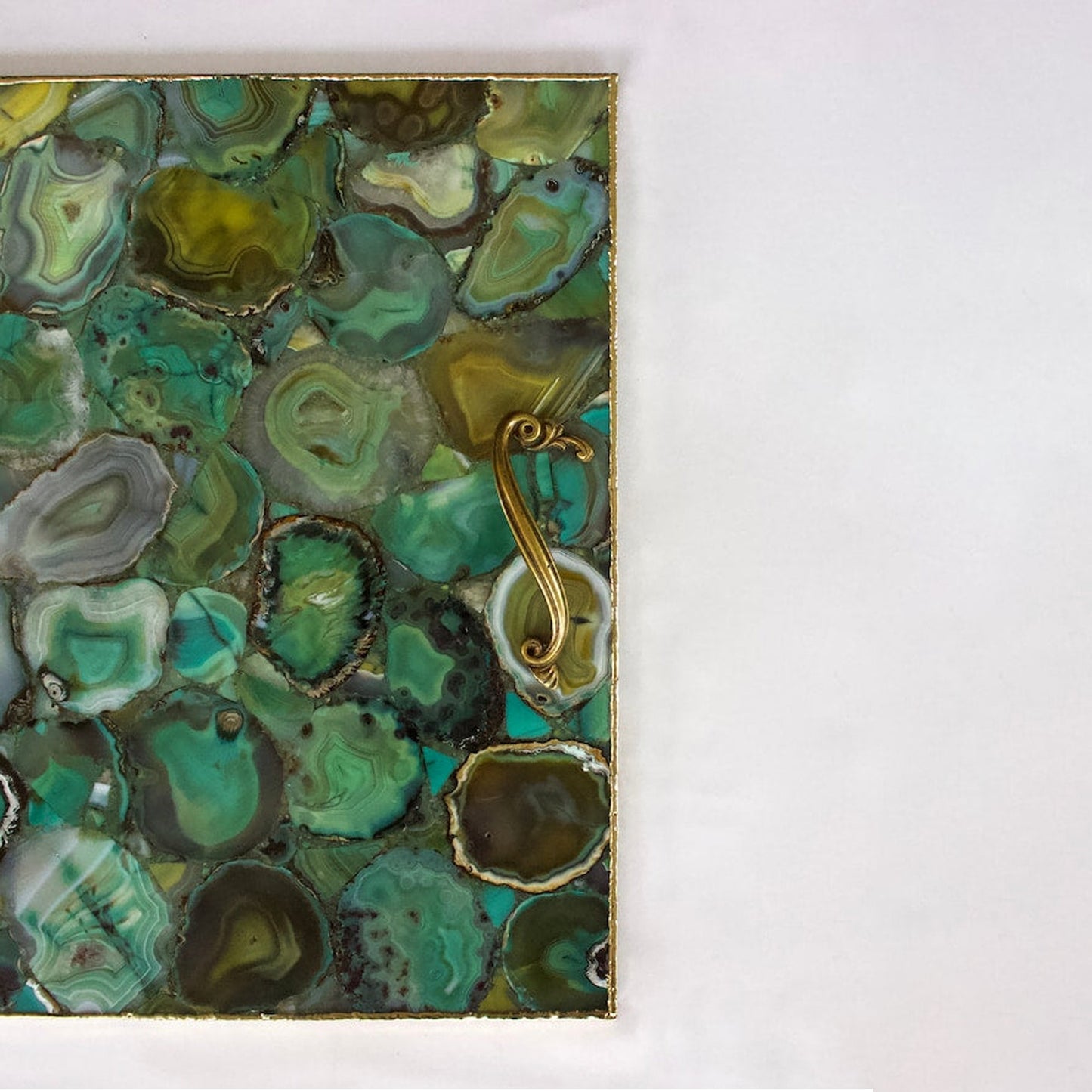 Light Green Agate Serving Tray With Brass Handles | Square