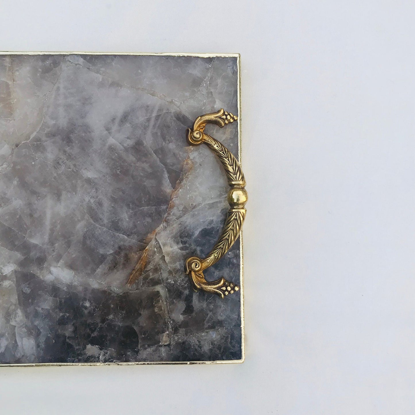 Smoky Quartz Agate Serving Tray With Brass Handles