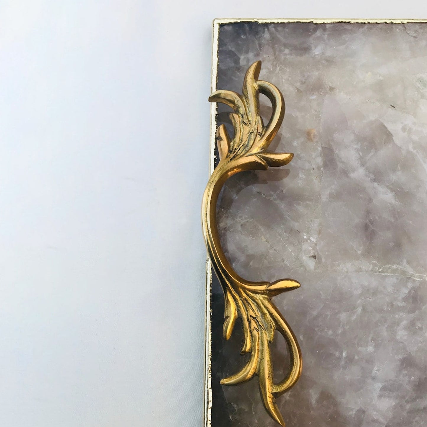 Smoky Quartz Agate Serving Tray With Brass Handles