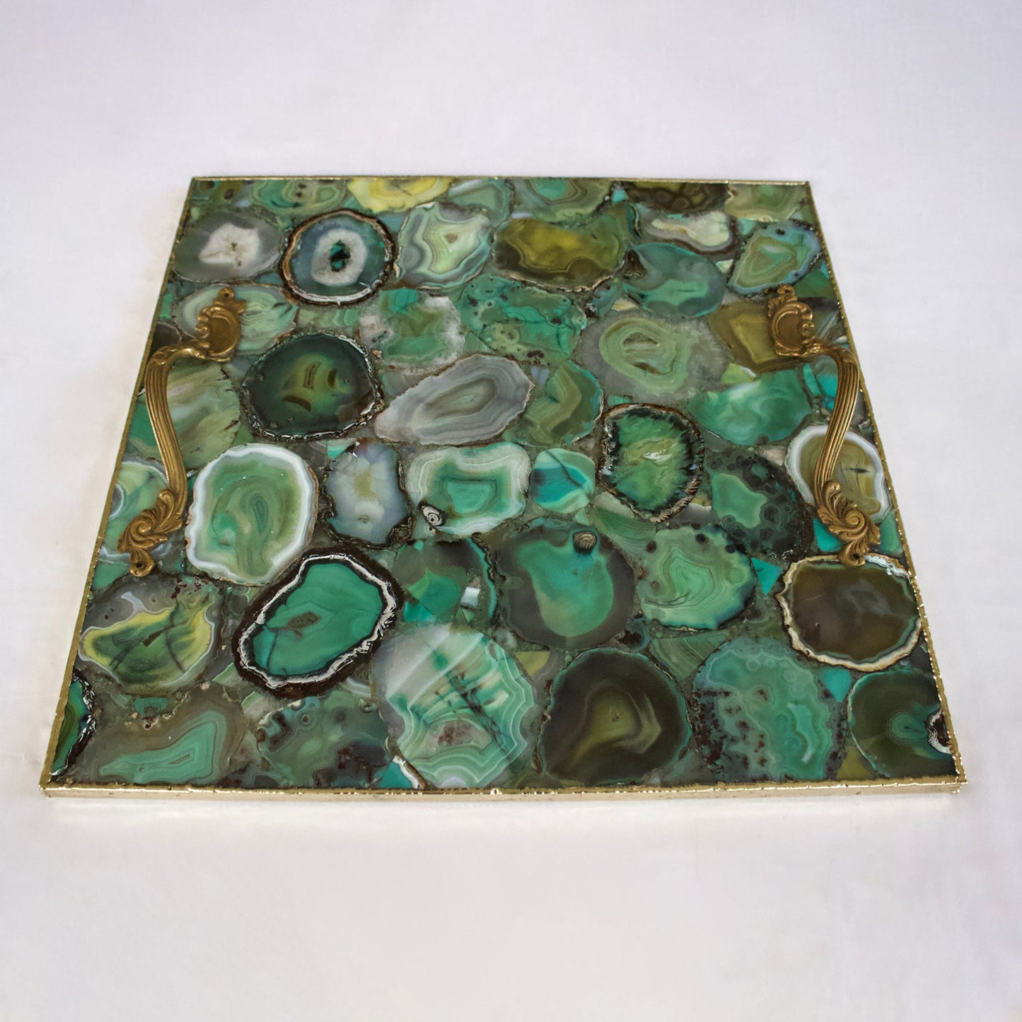 Light Green Agate Serving Tray With Brass Handles | Square