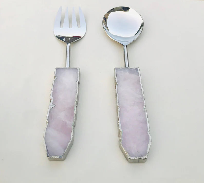 Rose quartz agate salad set, spoon and fork in stainless steel