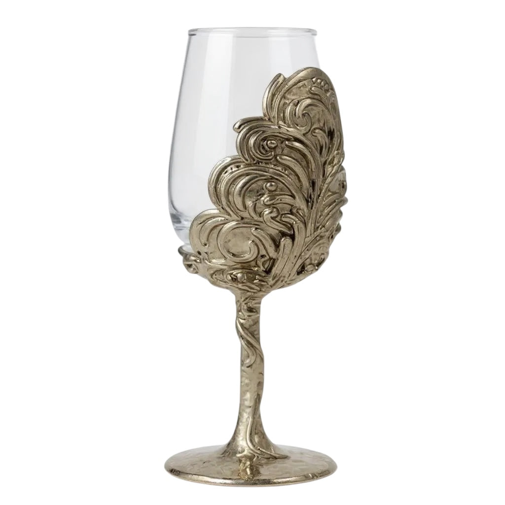 Set of 4 - Intricate Leaf/Ambi Design Wine Glasses | Decorative Drinkware | Statement Barware | Silver, Gold or Antique Finish