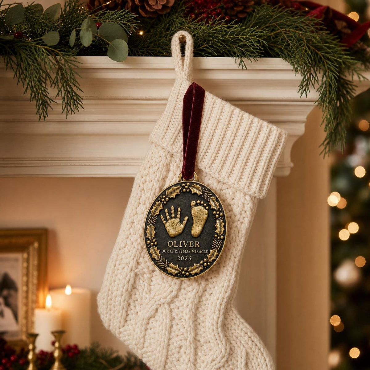 Baby Handprint and Footprint Ornament, Holly Oval