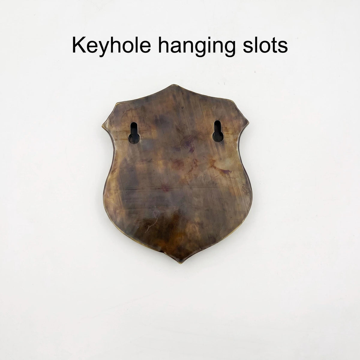 Back of the shield with two keyhole hanging slots