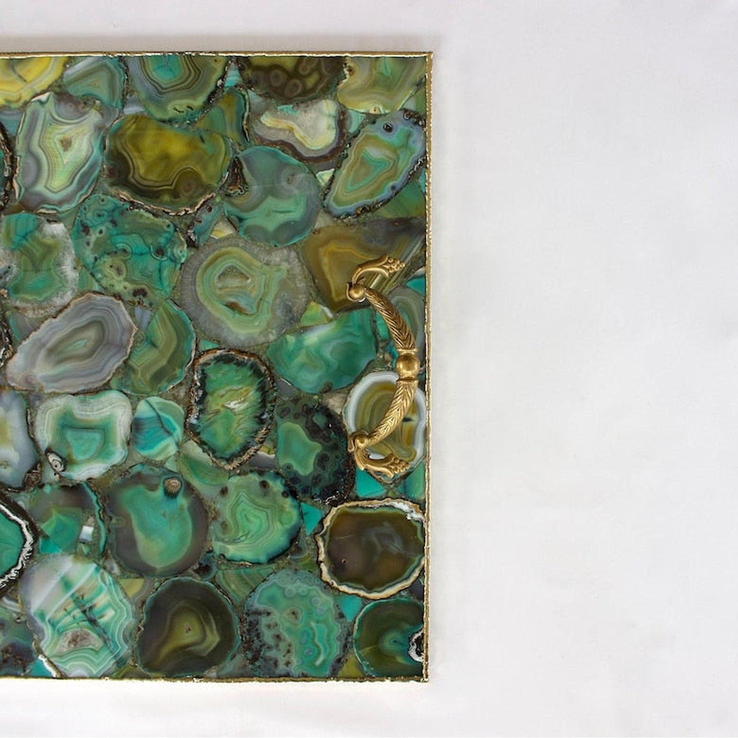 Light Green Agate Serving Tray With Brass Handles | Square