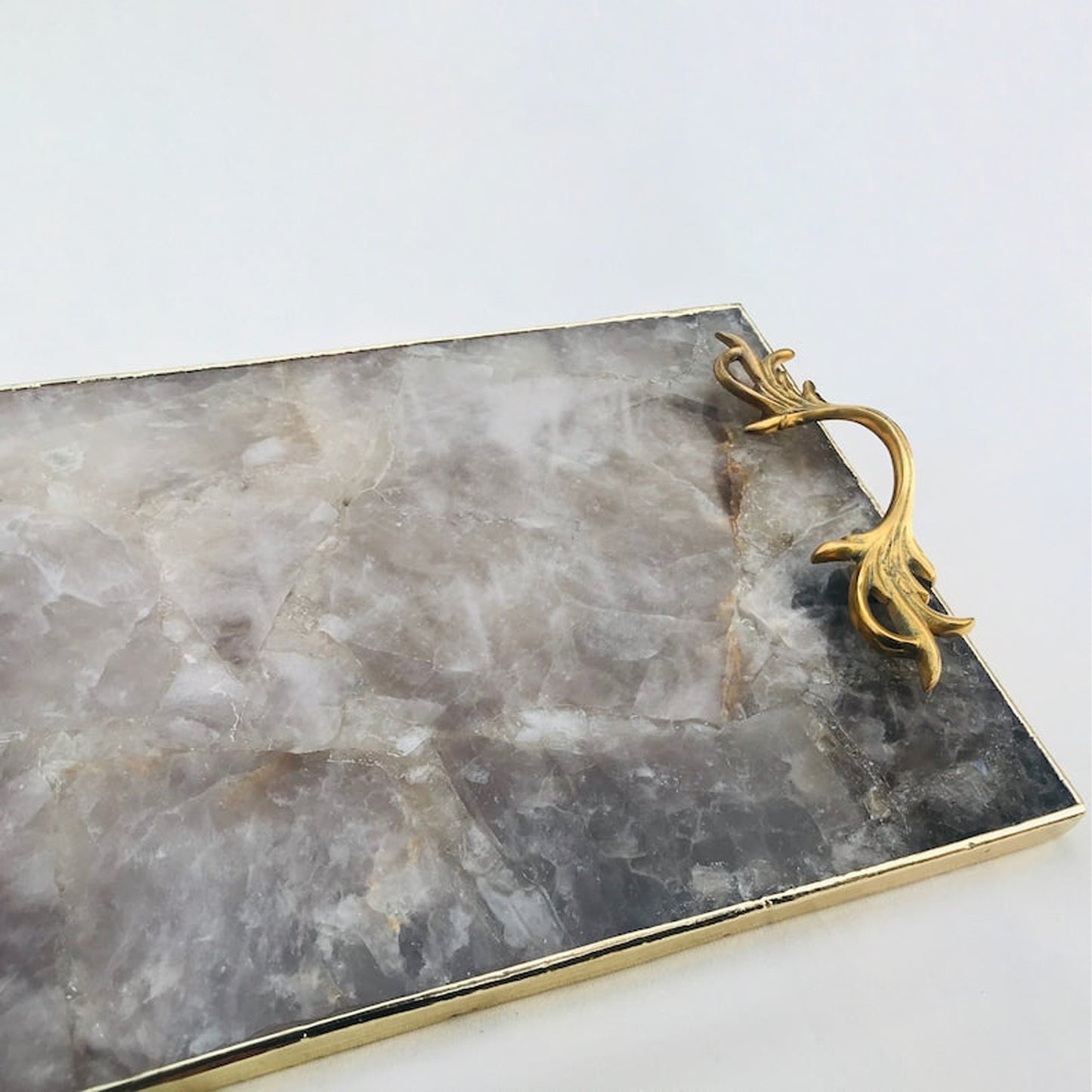 Smoky Quartz Agate Serving Tray With Brass Handles