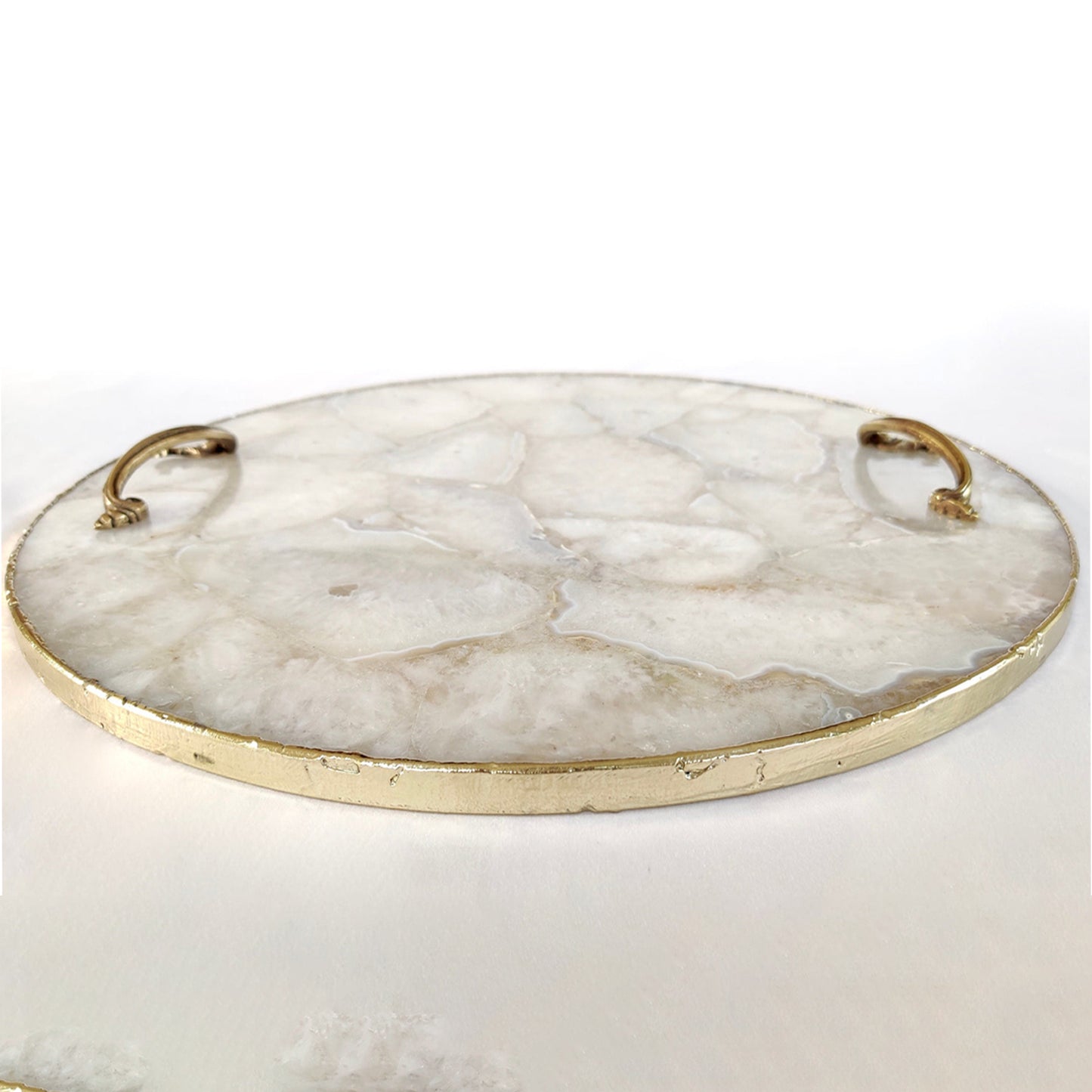 White Agate Serving Tray With Brass Handles | Circular |