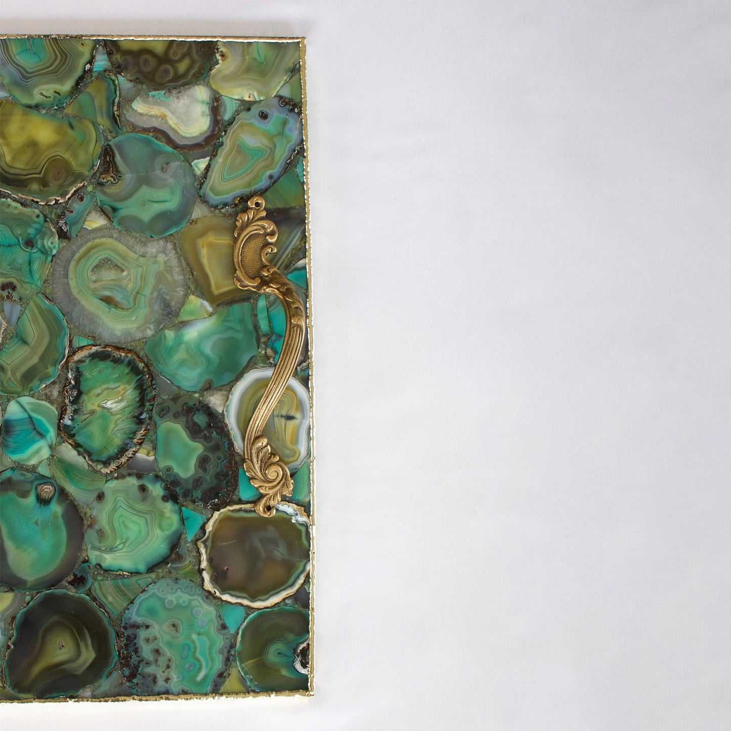 Light Green Agate Serving Tray With Brass Handles | Square