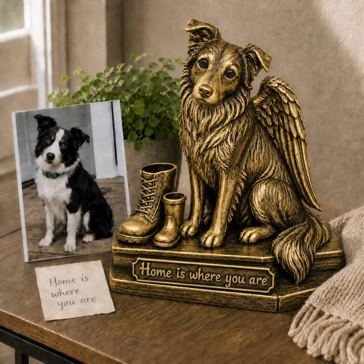 Personalised Dog Memorial Figurine | Angel Wings Pet Remembrance | Antique Brass Statue