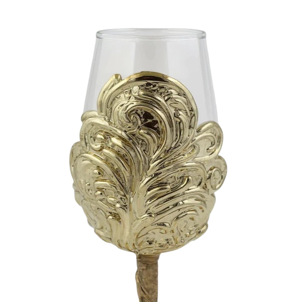 Set of 4 - Intricate Leaf/Ambi Design Wine Glasses | Decorative Drinkware | Statement Barware | Silver, Gold or Antique Finish