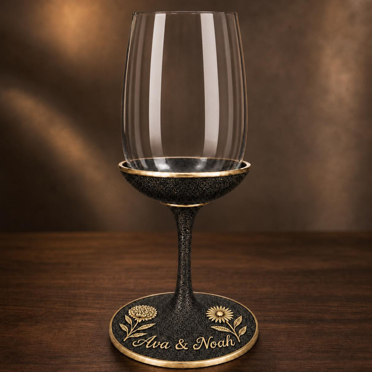 Personalised Birth Flower Wine Glass | Chrysanthemum & Daisy Antique Brass Base