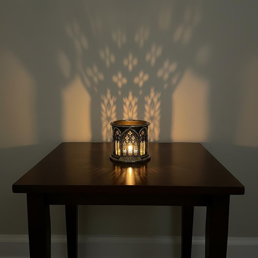 Round cathedral holder lit on a side table