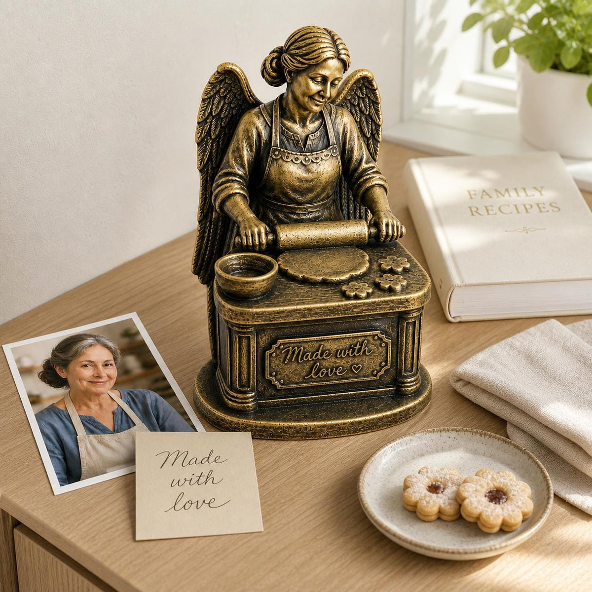 Personalised Baker Memorial Figurine from Photo, Antique Brass Angel Statue, Grandma Remembrance Gift