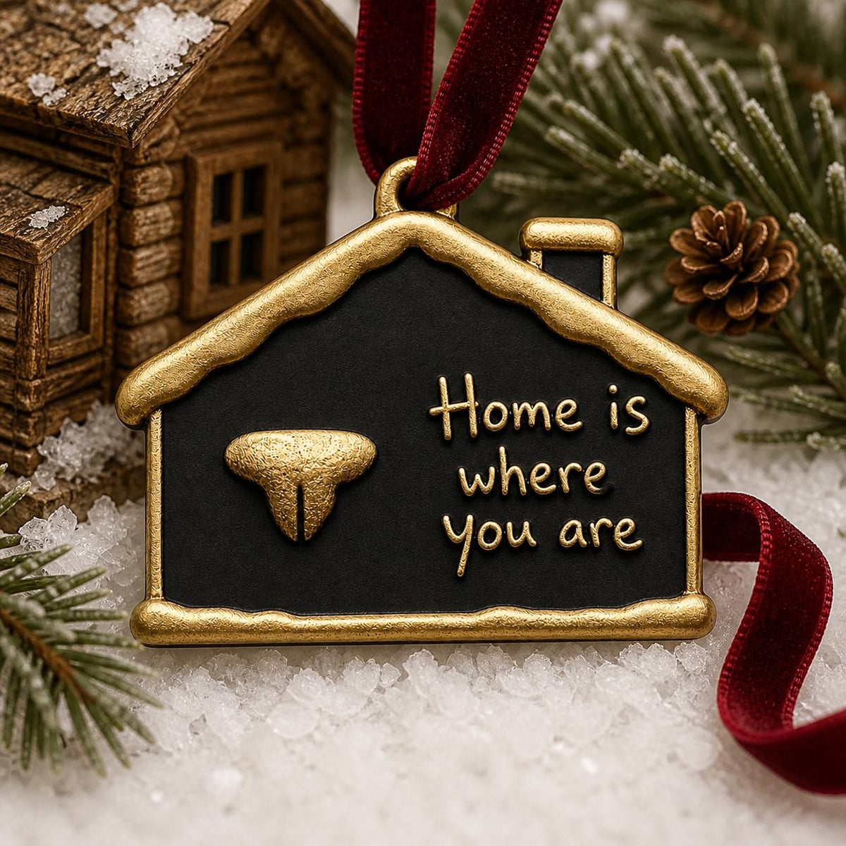 Snowy house nose print ornament in front of a small wooden cabin, pine cones and snow