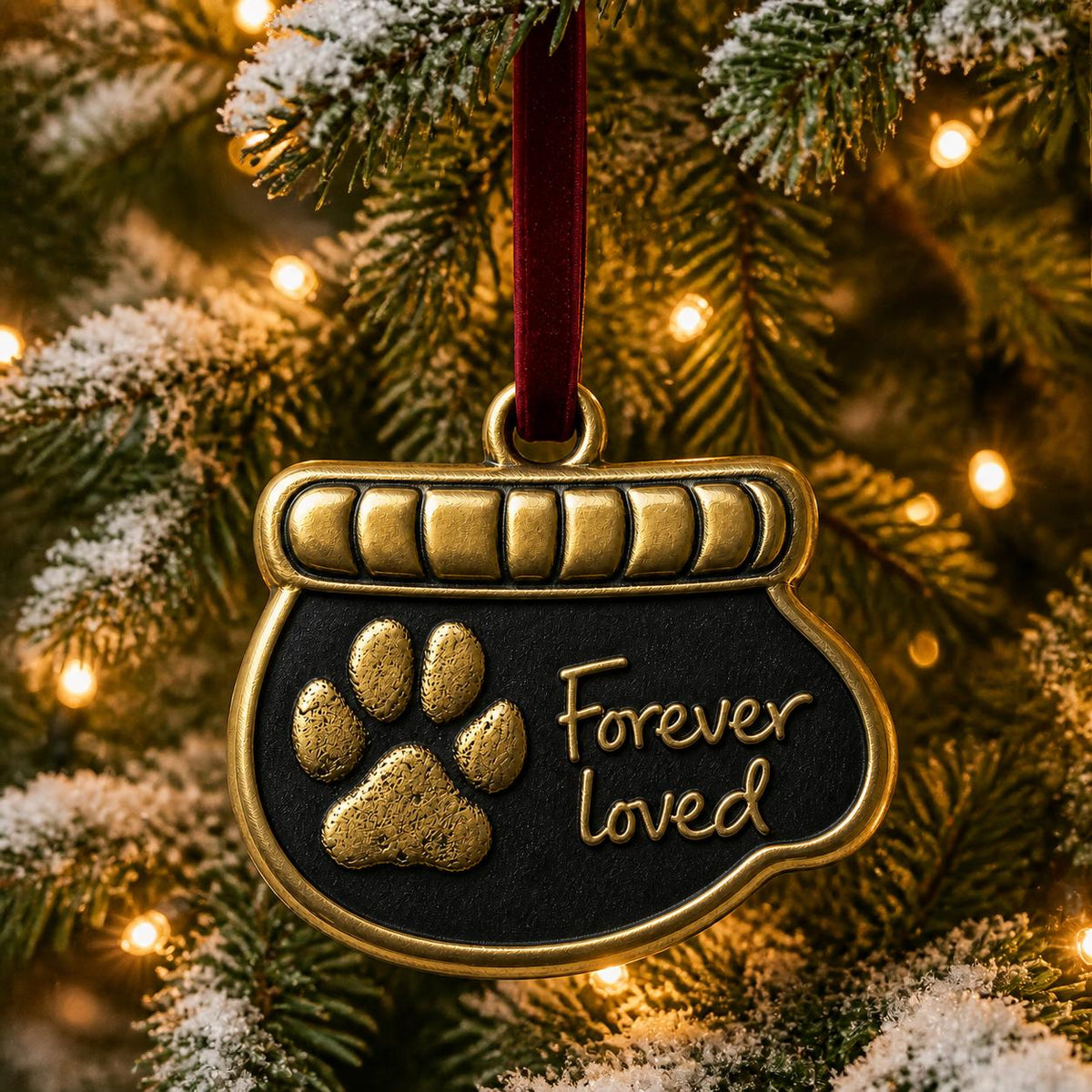 Bowl-shaped paw print ornament hanging on a frosted Christmas tree with lights