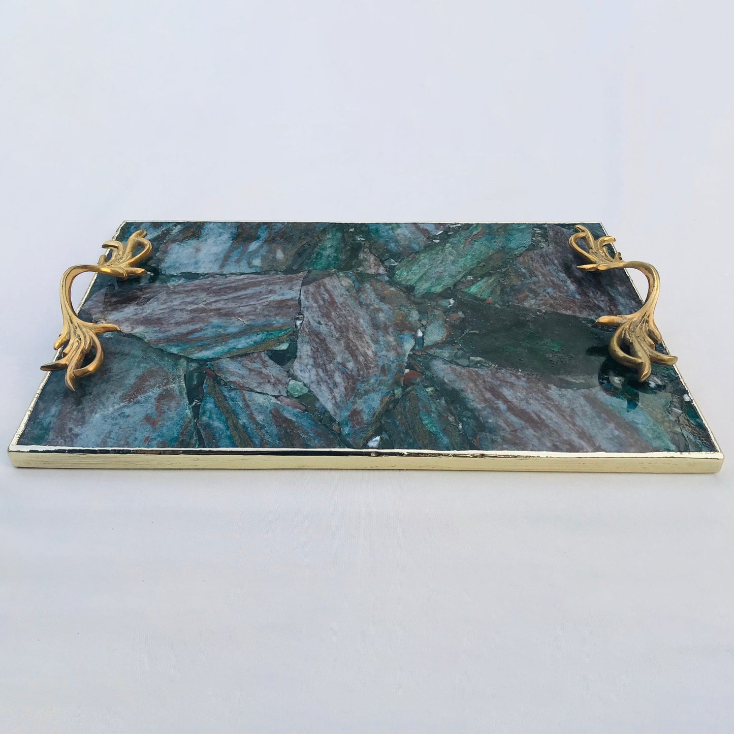 Green Aventurine Agate Serving Tray With Brass Handles