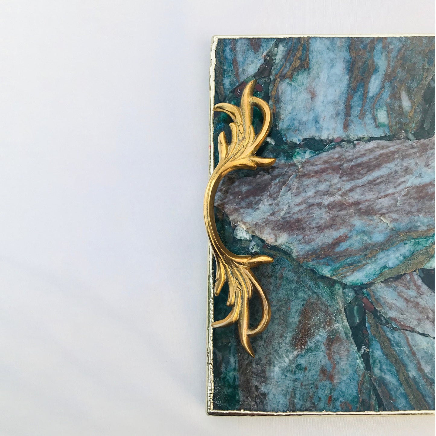 Green Aventurine Agate Serving Tray With Brass Handles