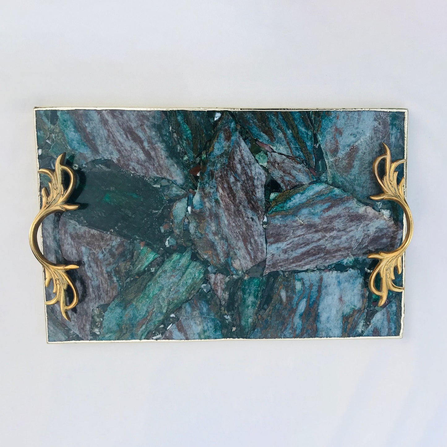 Green Aventurine Agate Serving Tray With Brass Handles