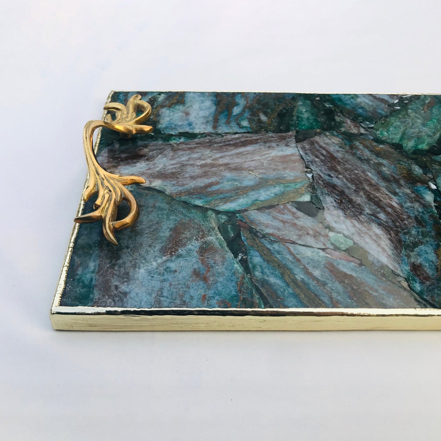 Green Aventurine Agate Serving Tray With Brass Handles