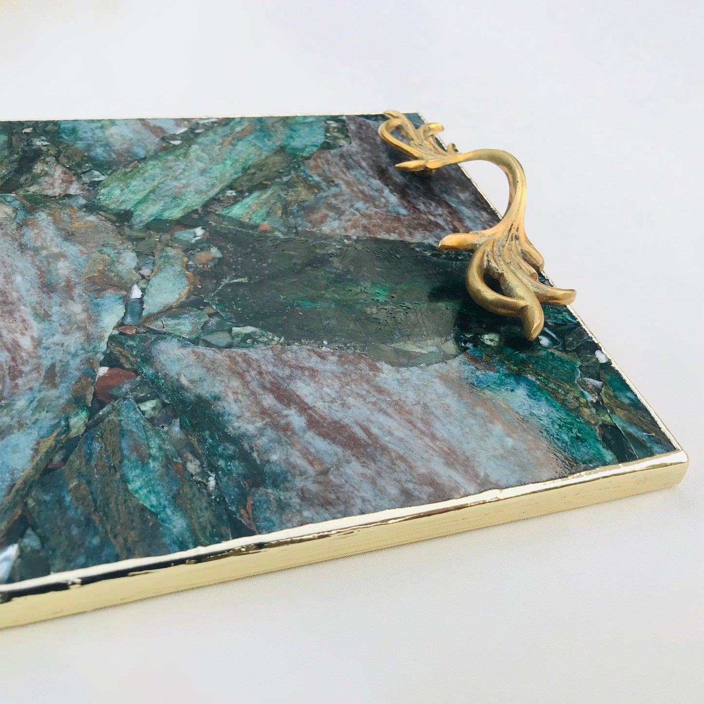 Green Aventurine Agate Serving Tray With Brass Handles