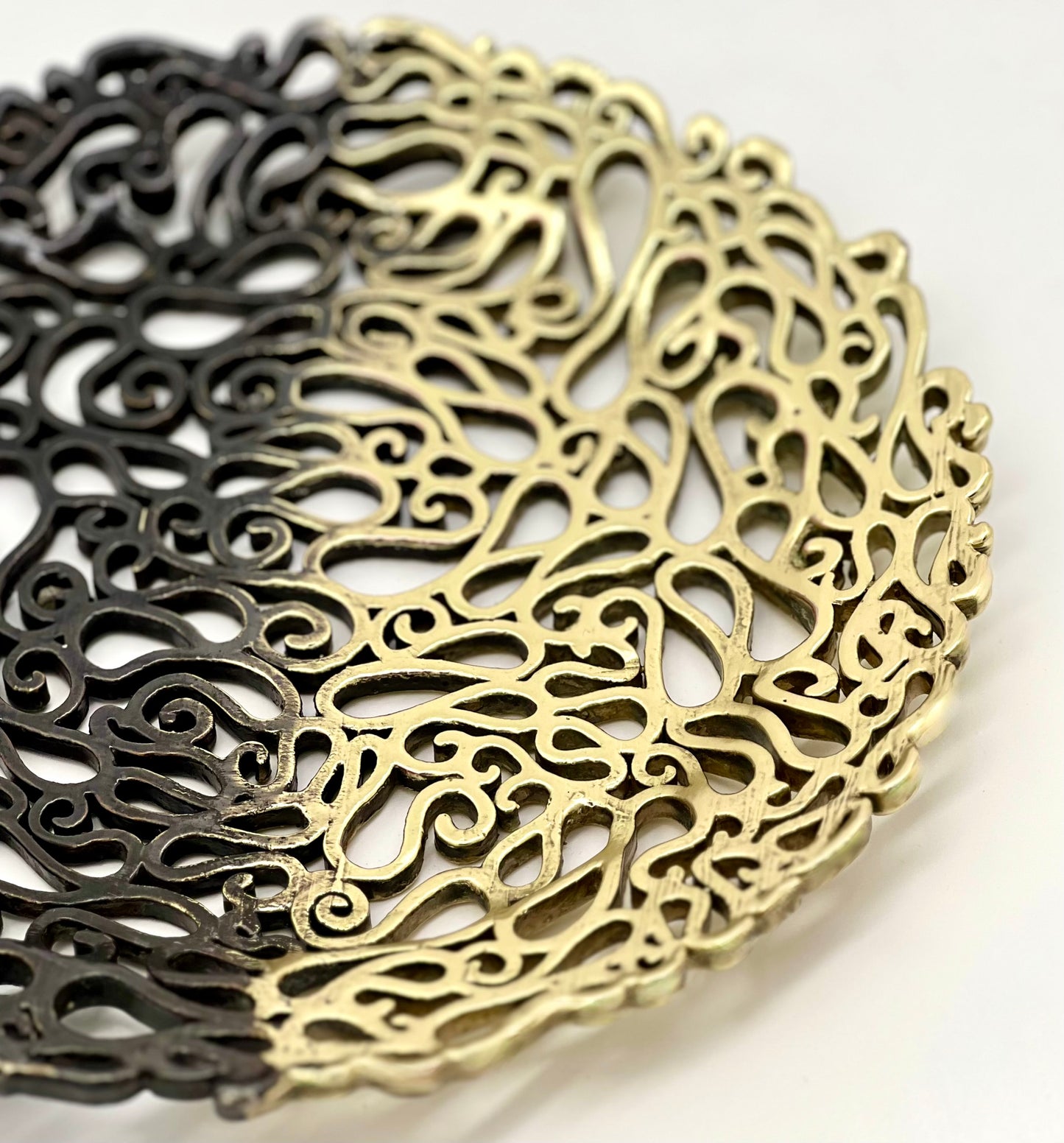 Lace Inspired Decorative Tray – Electro-formed Filigree Decor Dish, Fossil Style Art Platter in God and Antique Ombre Finish