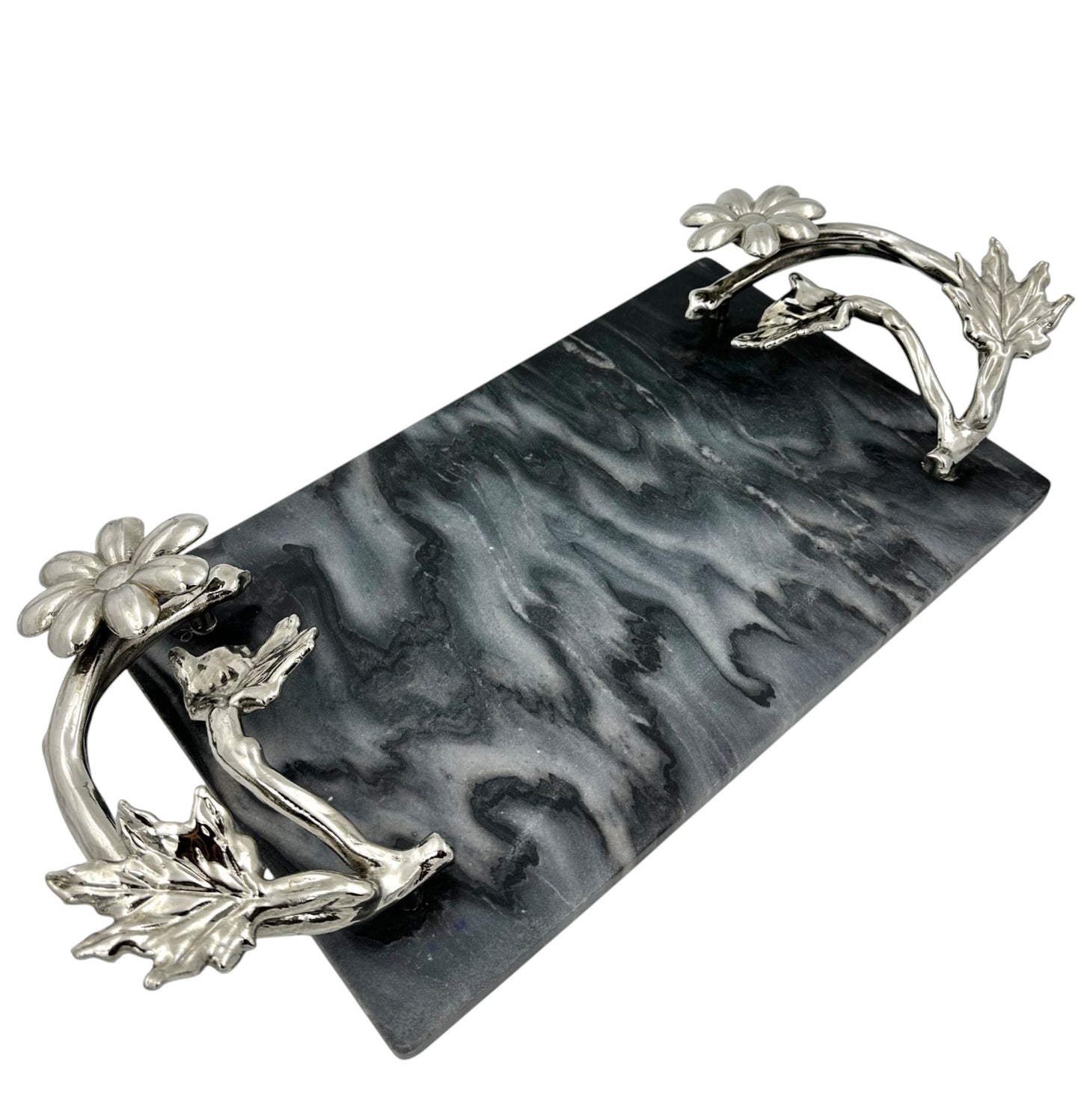 Black Marble Tray with Gilded Floral Handles