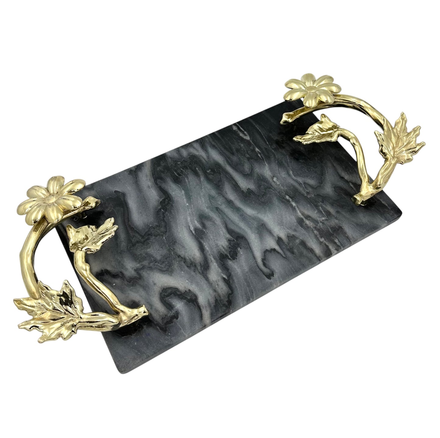 Black Marble Tray with Gilded Floral Handles
