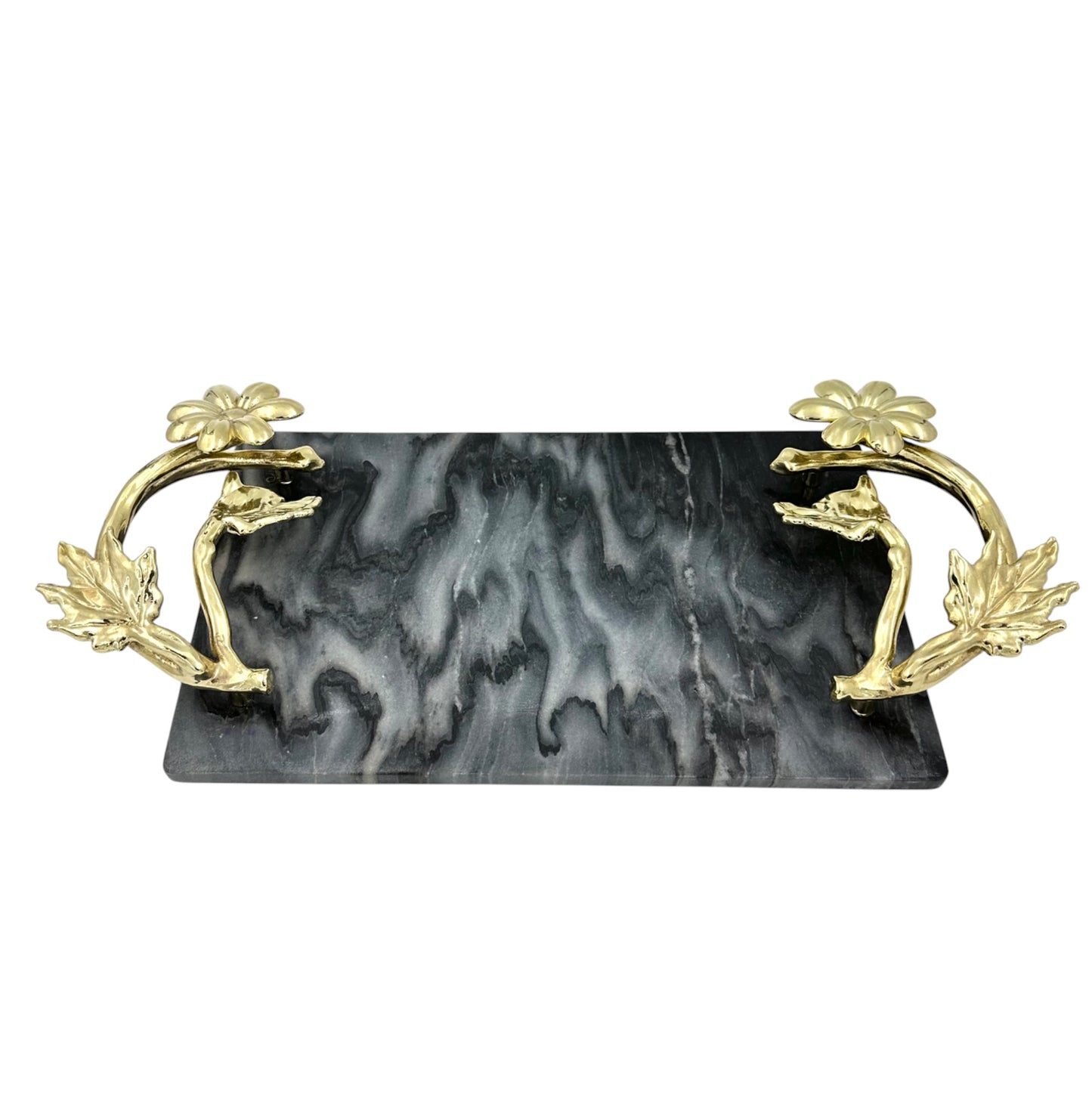 Black Marble Tray with Gilded Floral Handles