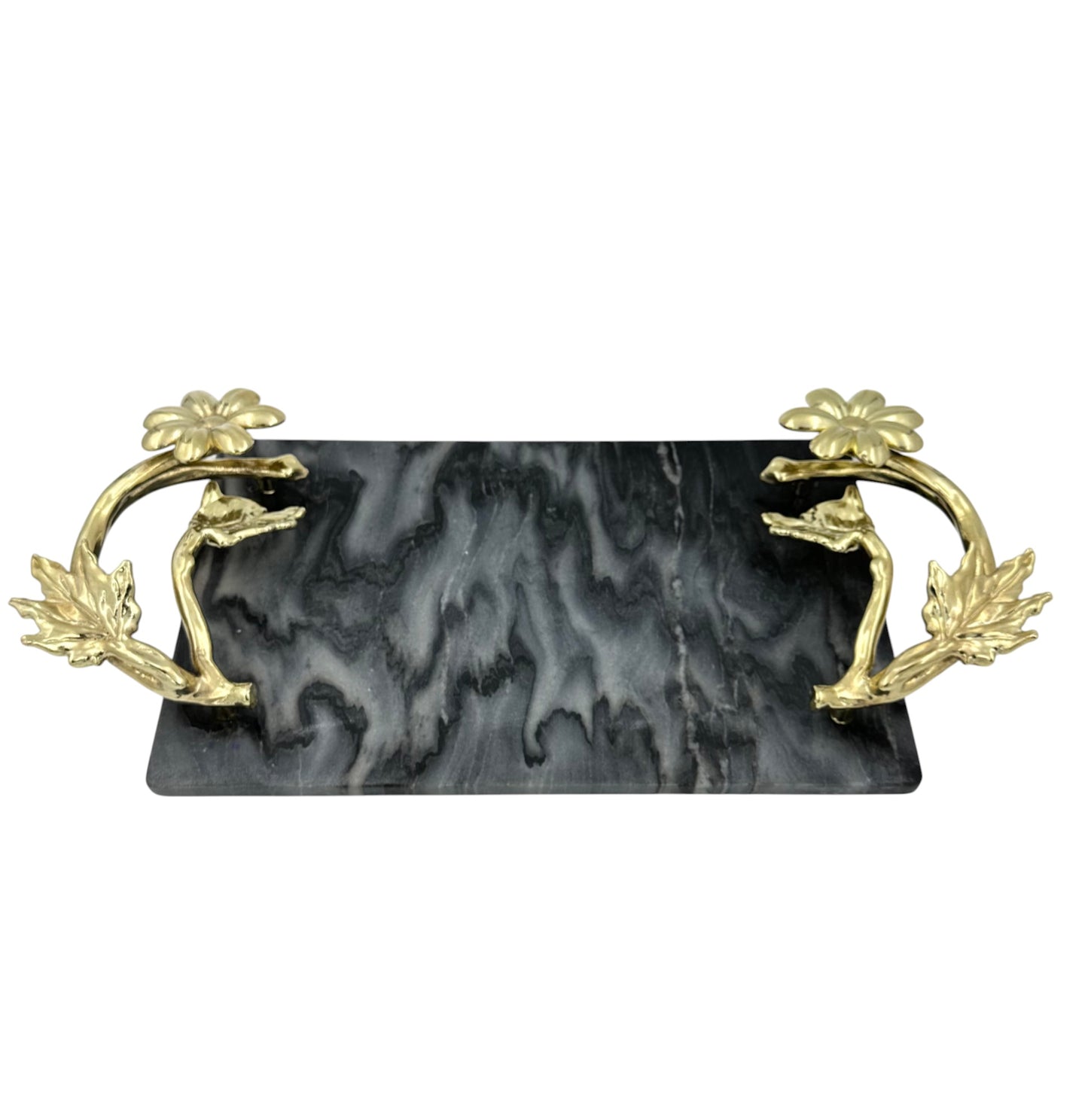 Black Marble Tray with Gilded Floral Handles