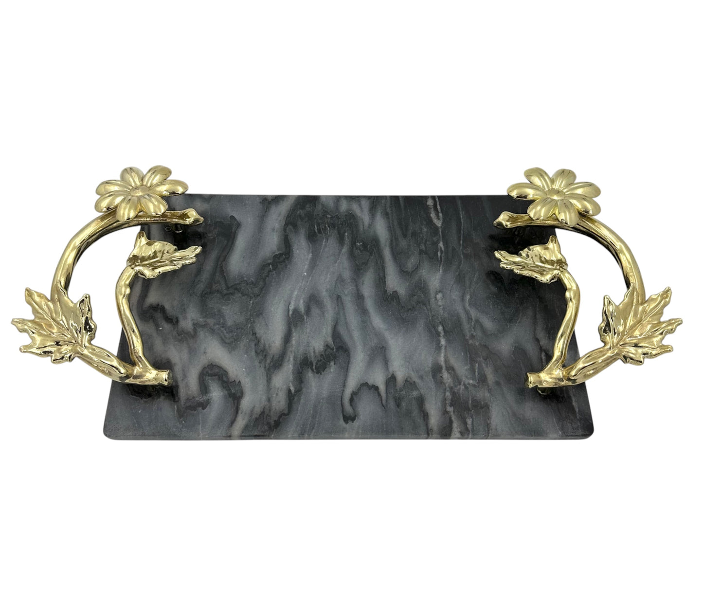 Black Marble Tray with Gilded Floral Handles