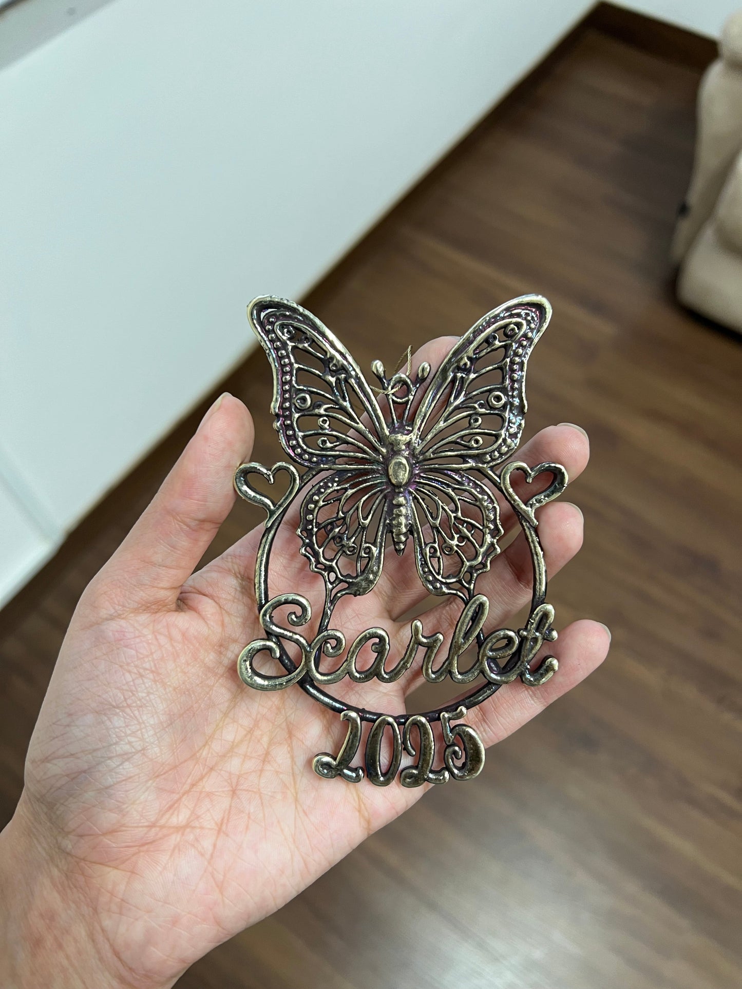 Personalized Butterfly Christmas ornament | metallic filigree name tag in gold, silver or antique | set of 2 or 4