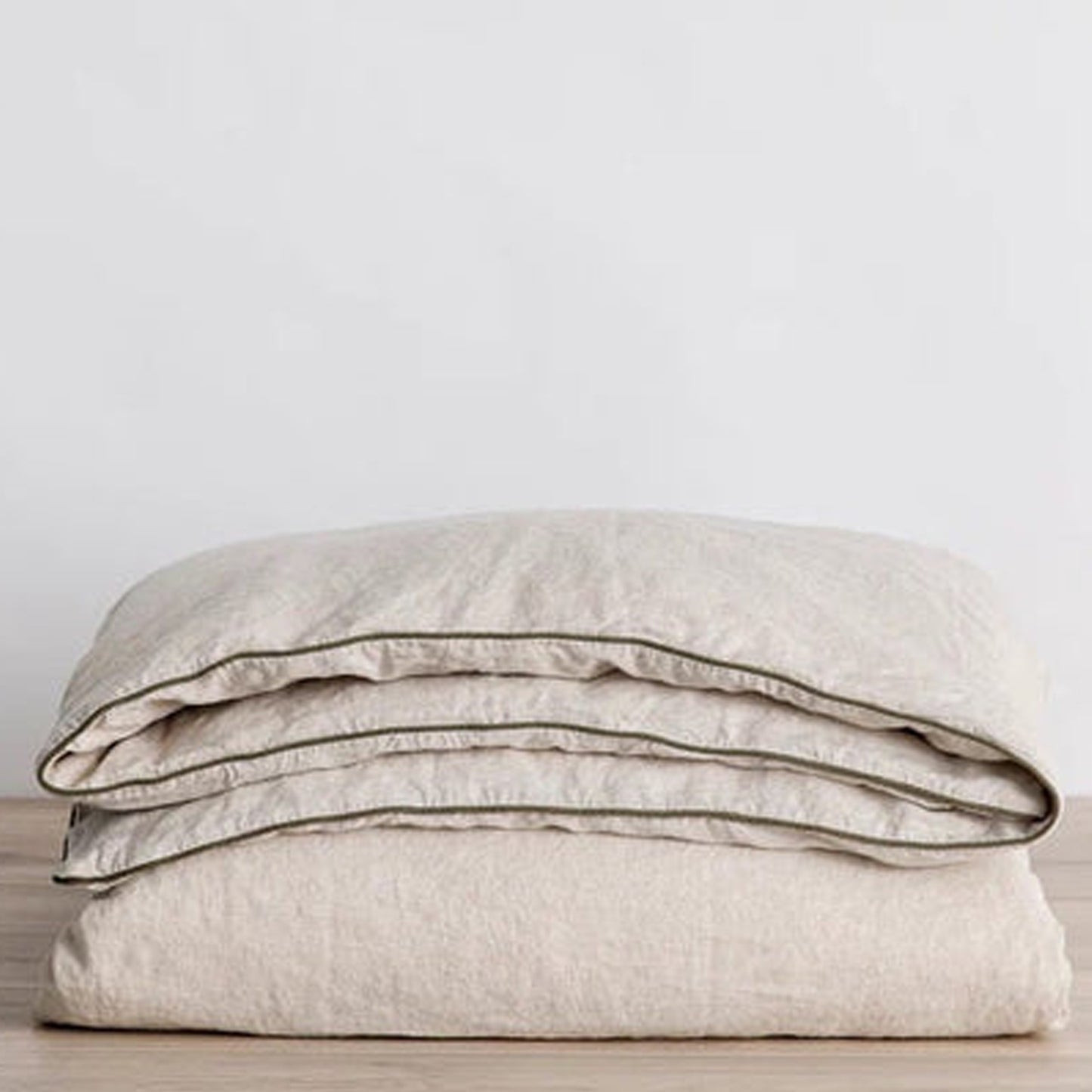 Natural Beige with Moss Green Piping - 100% Pure Linen or Linen Cotton | 3 Piece Piped Duvet Cover Set | Handmade | Pre-washed