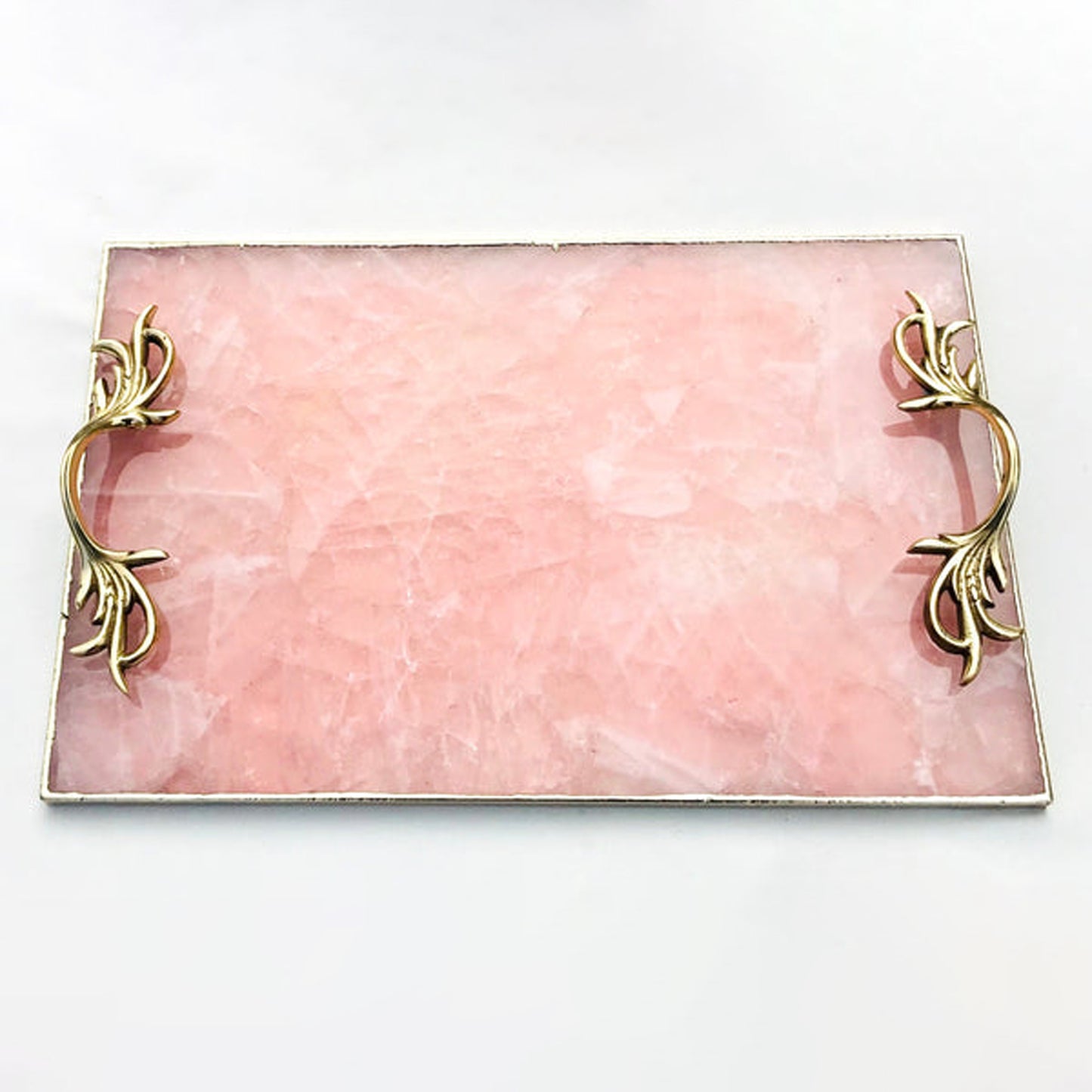 Rose Quartz Agate Serving Tray With Brass Handles
