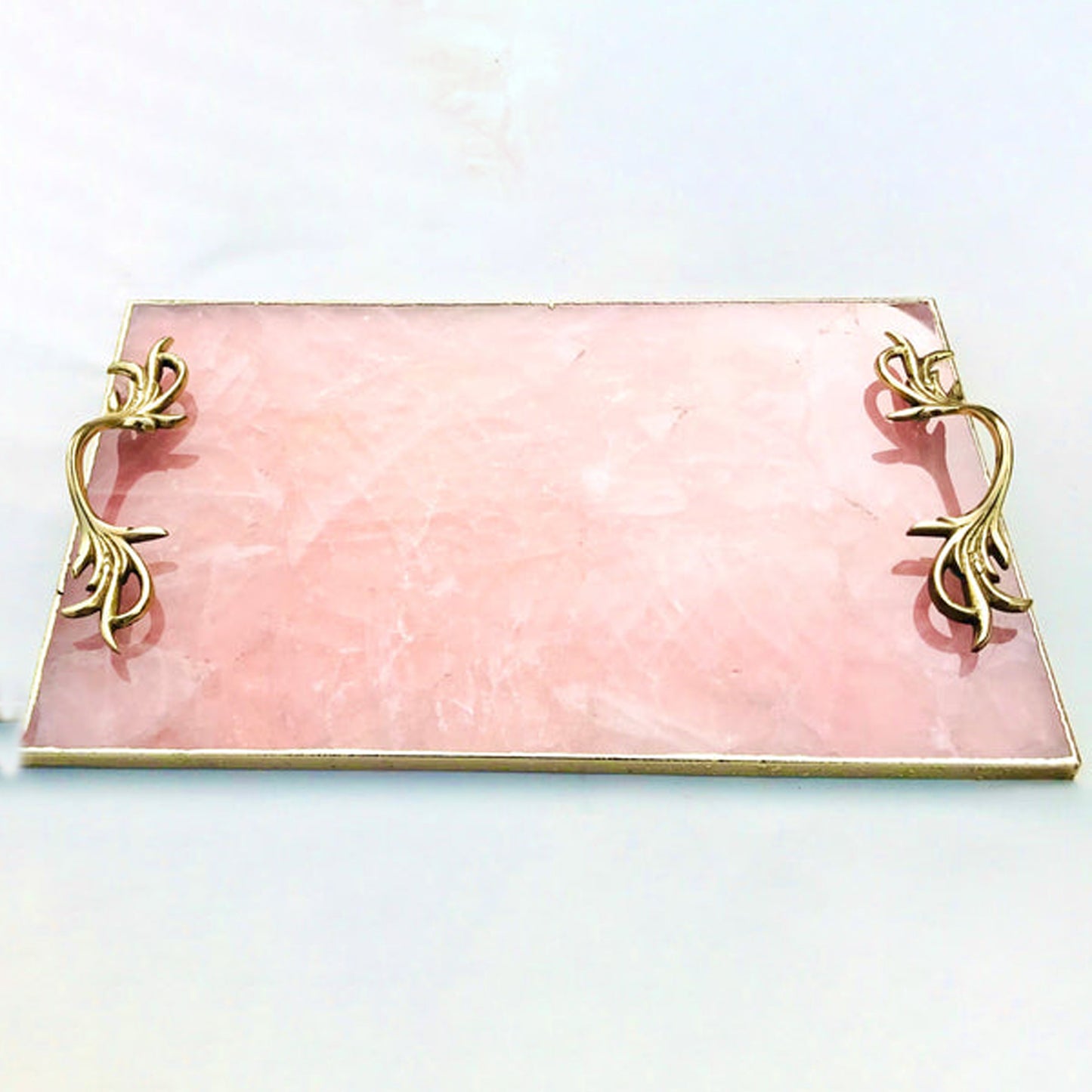 Rose Quartz Agate Serving Tray With Brass Handles