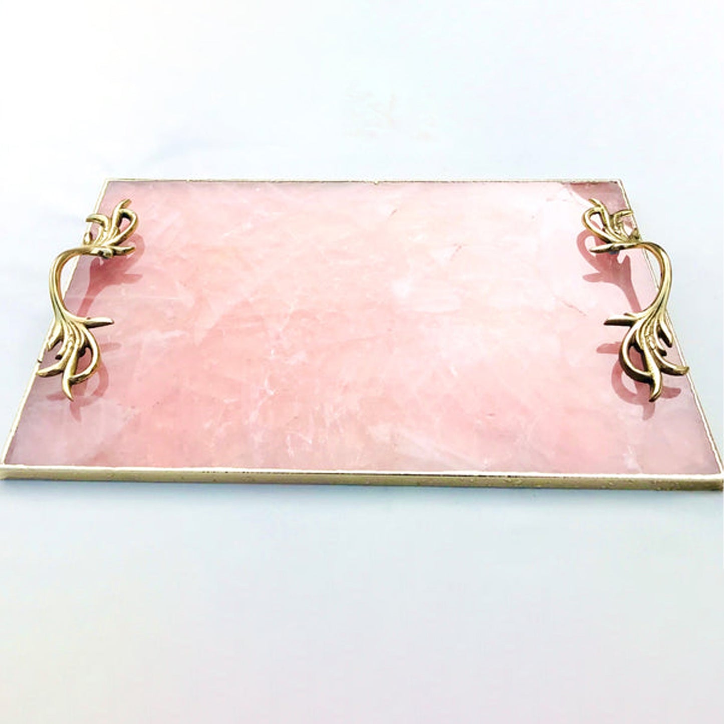 Rose Quartz Agate Serving Tray With Brass Handles