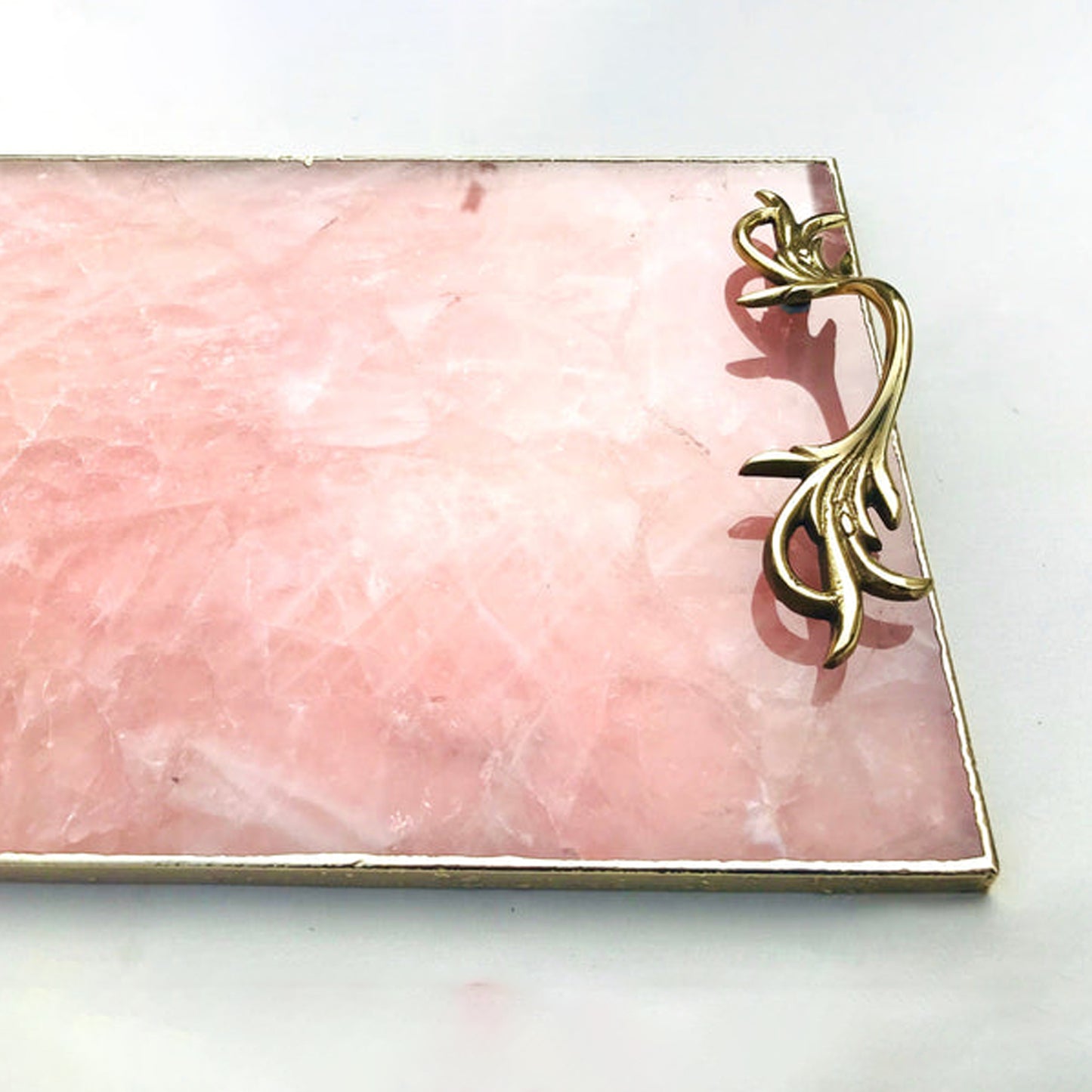 Rose Quartz Agate Serving Tray With Brass Handles