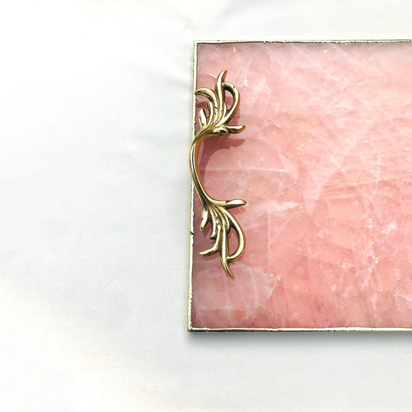 Rose Quartz Agate Serving Tray With Brass Handles