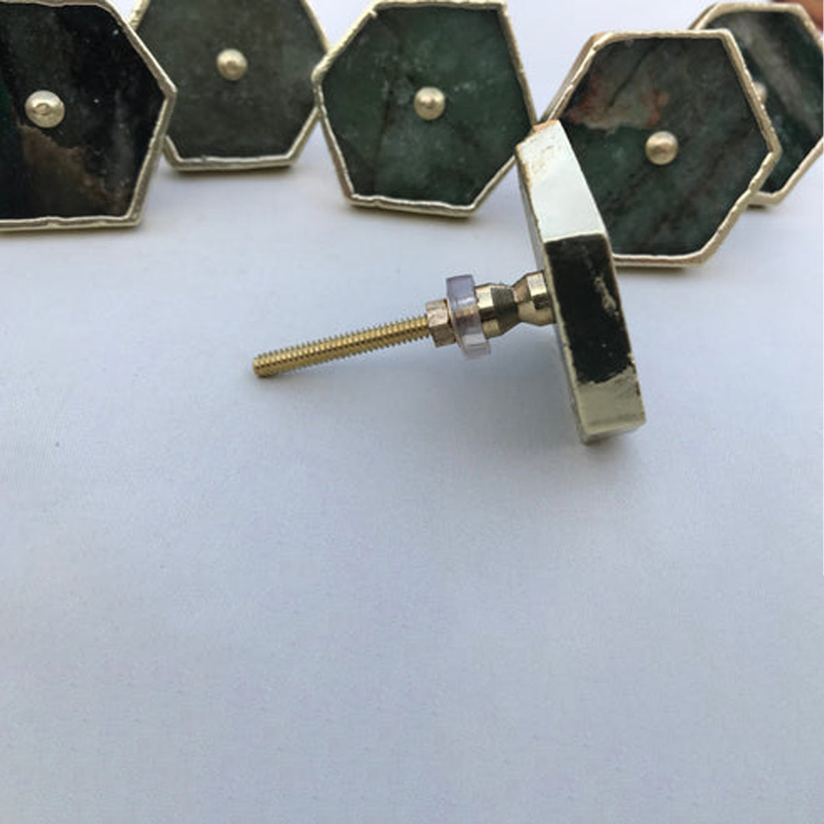 Sage green agate hexagon knob turned to show its bolt