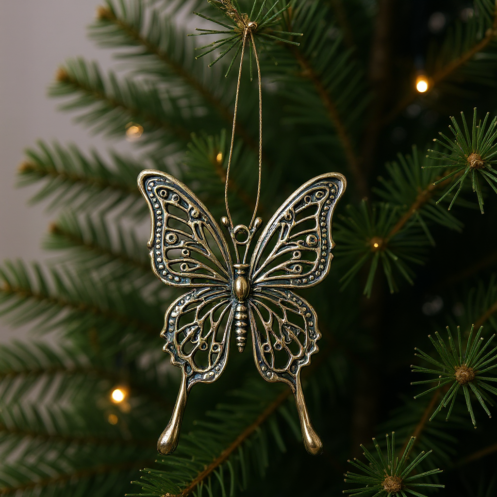 Butterfly Christmas ornament | Metallic tree decoration in Gold, silver and antique | Set of 2 or 4
