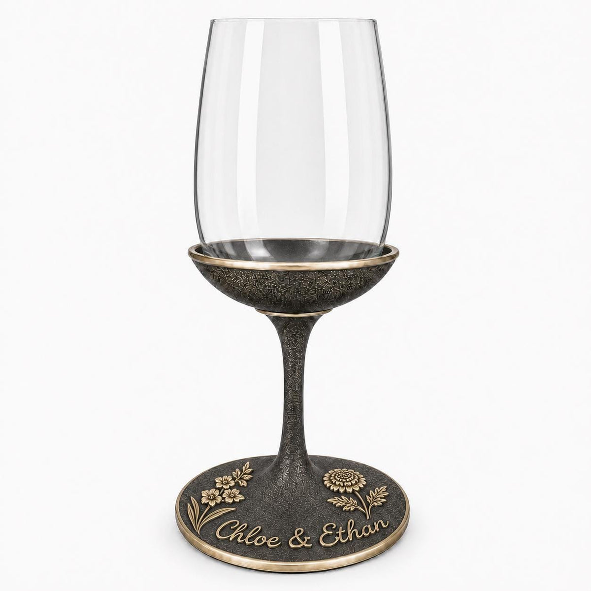 Personalised Handwriting Birth Flower Wine Glass, Gladiolus & Marigold Antique Brass Base