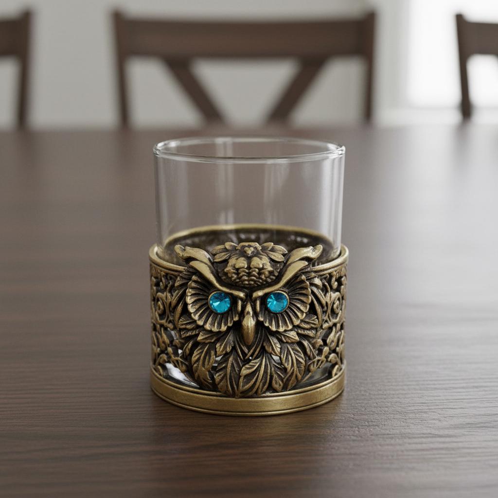 Gemstone Owl Whiskey Glass – Antique Brass Holder, 10 oz