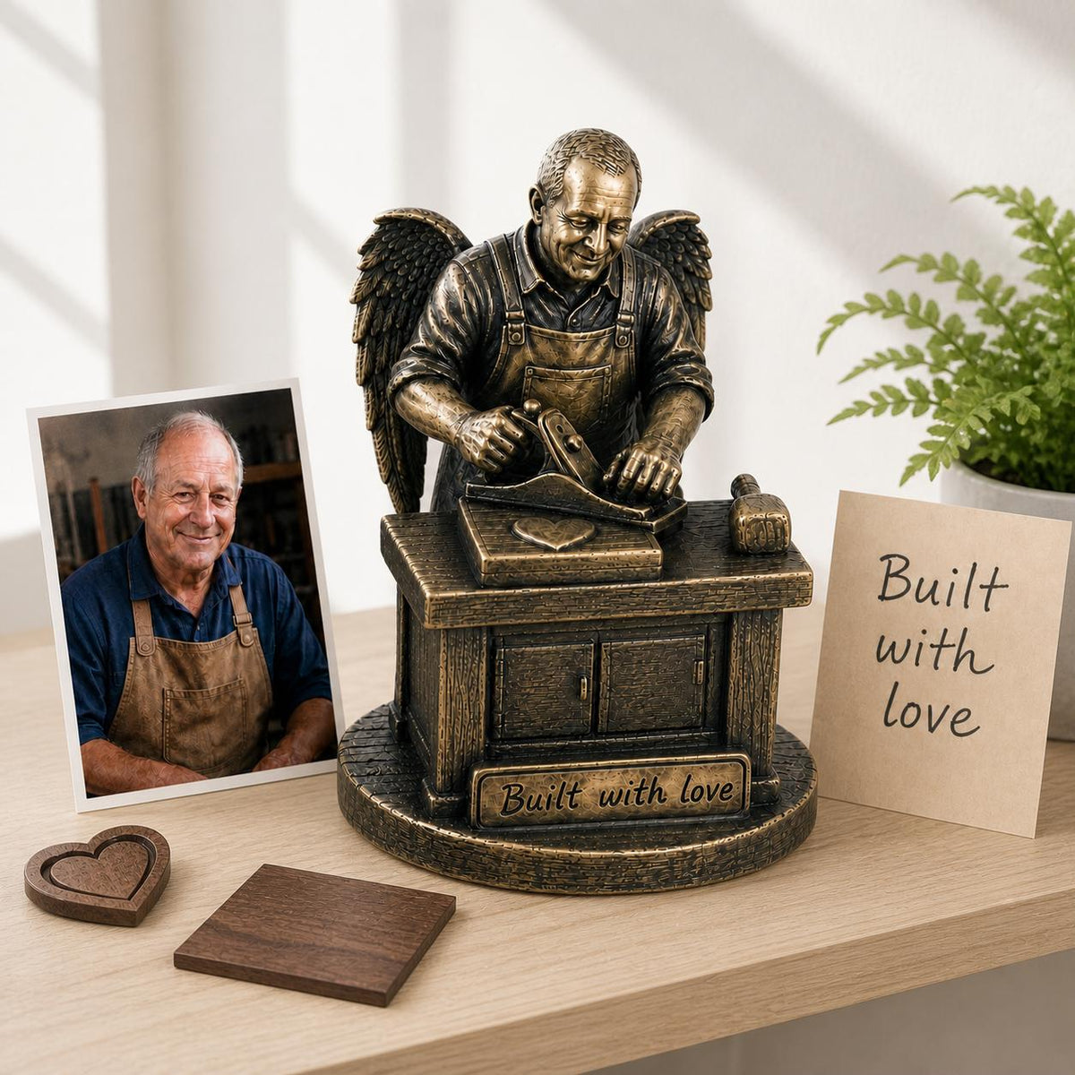 Personalised Woodworker Memorial Figurine from Photo, Antique Brass Angel Statue