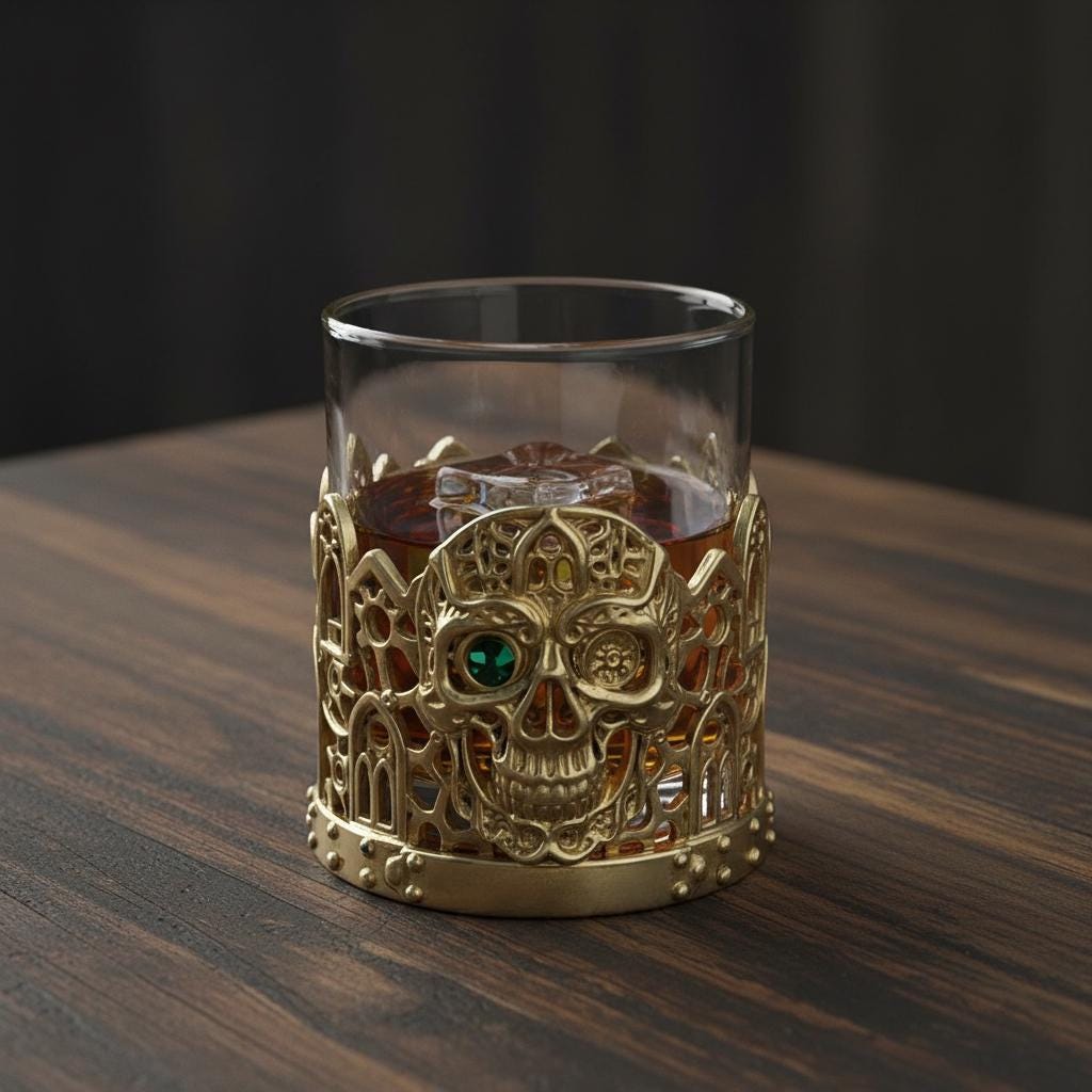 Gemstone Skull Whiskey Glass – Gold Holder, 10 oz