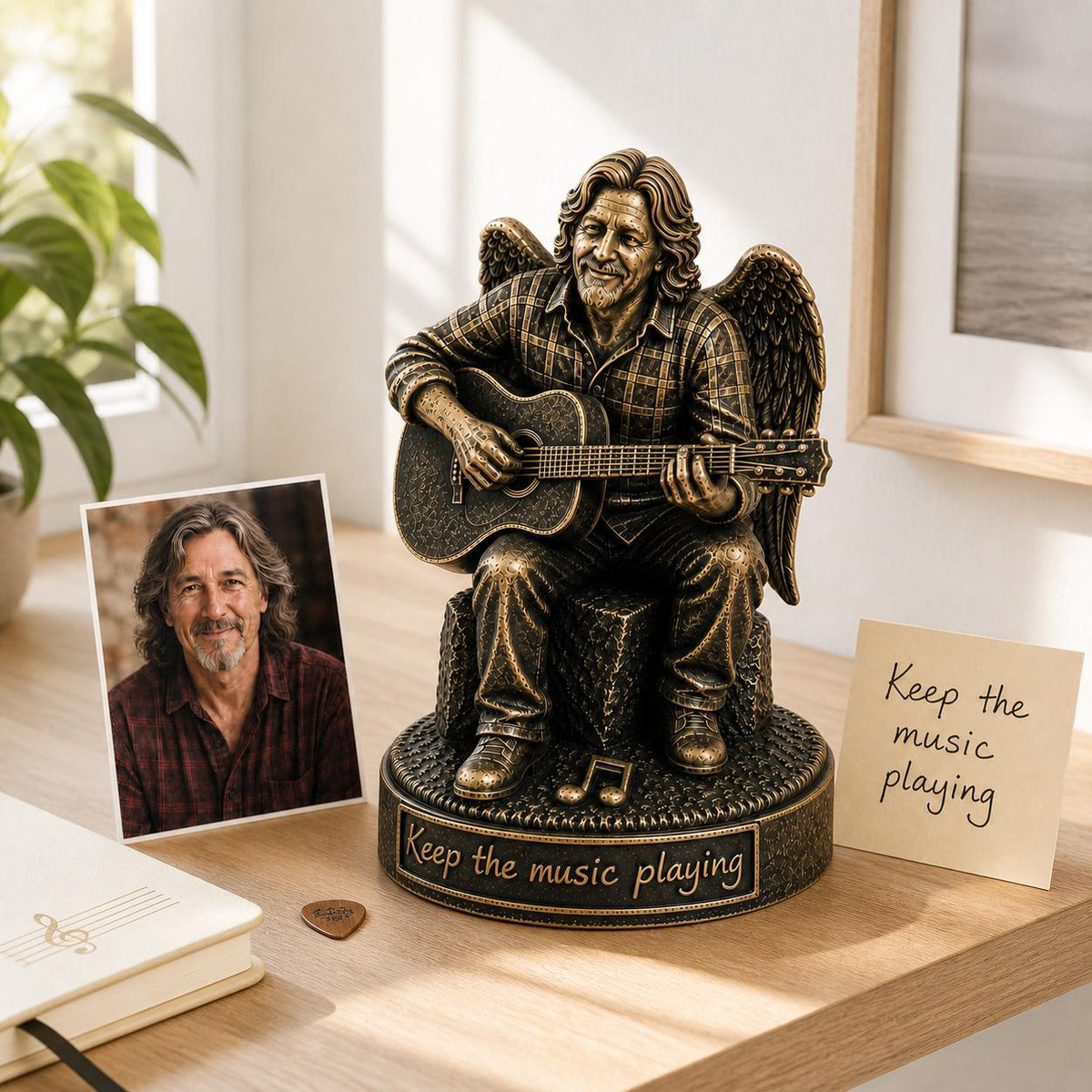 Personalised Guitar Memorial Figurine from Photo, Antique Brass Angel Statue, Musician Remembrance Gift
