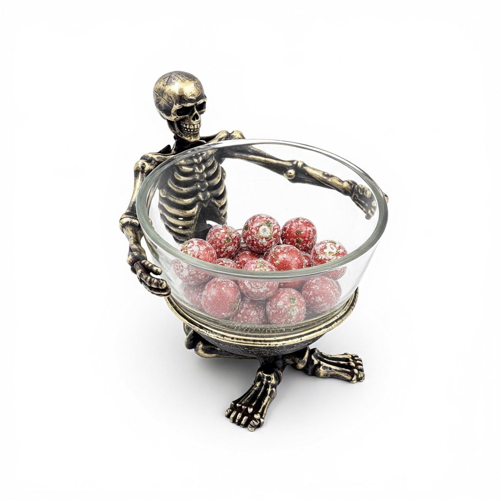 Skeleton Bowl with Glass Insert – Gothic Decorative Dish | Gold, Silver or Antique Finish | Halloween Candy Bowl & Home Decor