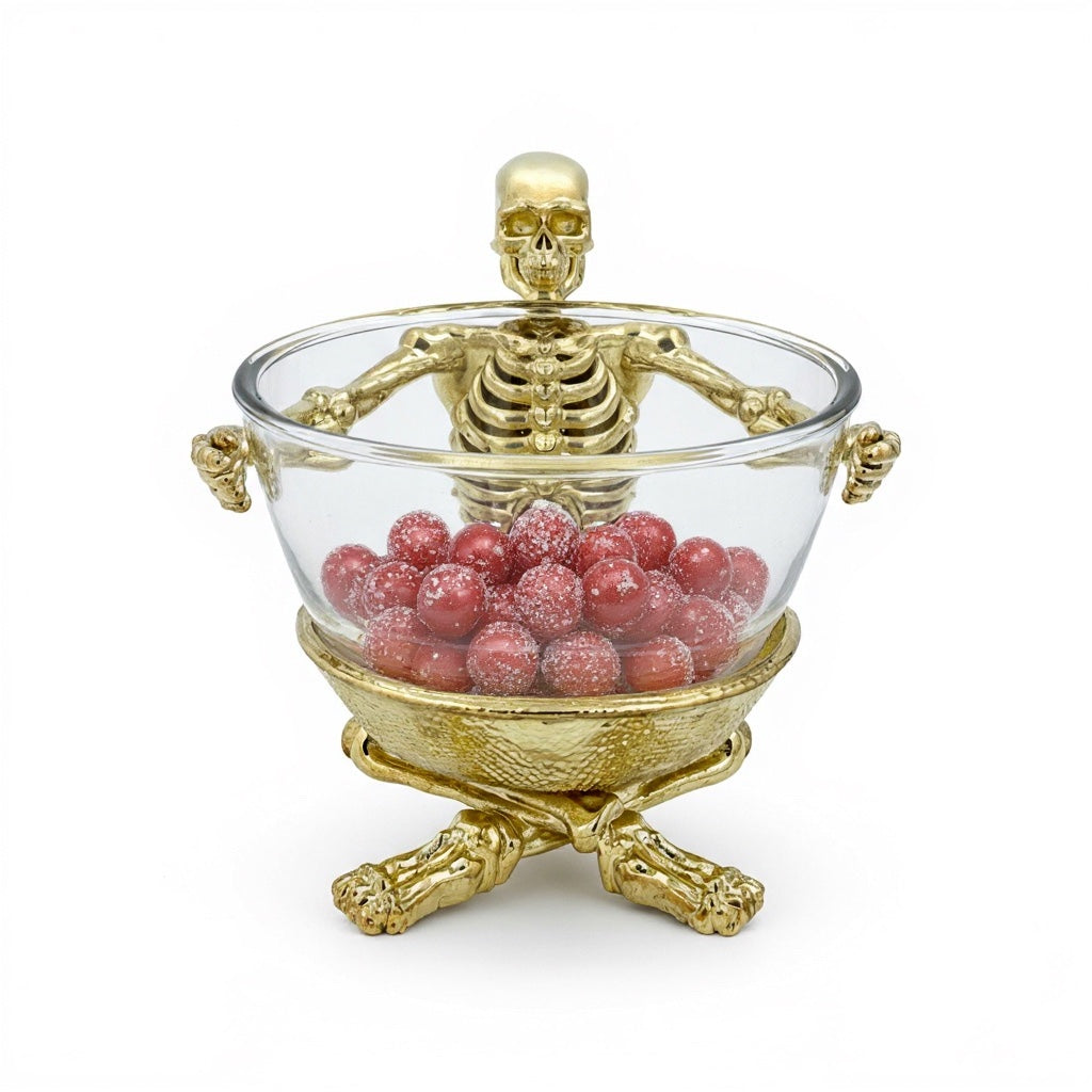 Skeleton Bowl with Glass Insert – Gothic Decorative Dish | Gold, Silver or Antique Finish | Halloween Candy Bowl & Home Decor