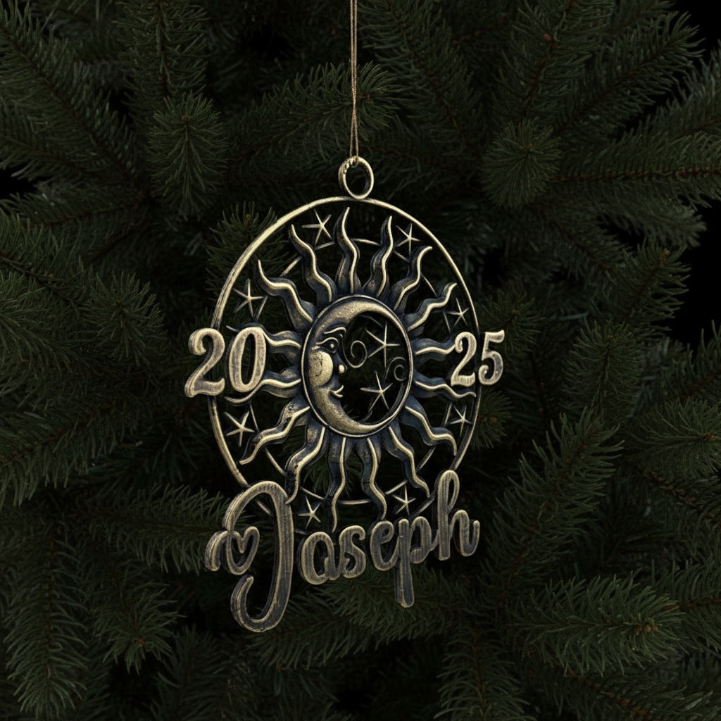 Personalized sun and moon christmas ornament set | metallic holiday decor in gold, silver or antique | set of 2 or 4